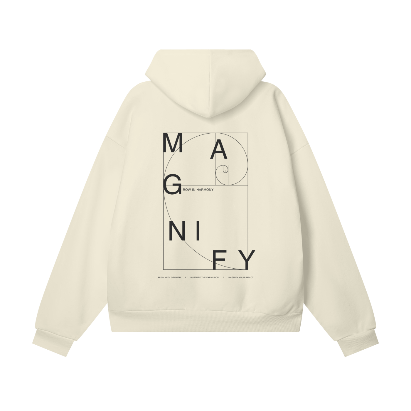 Beige hoodie with 'MAGNIFY' design on the back against a white background