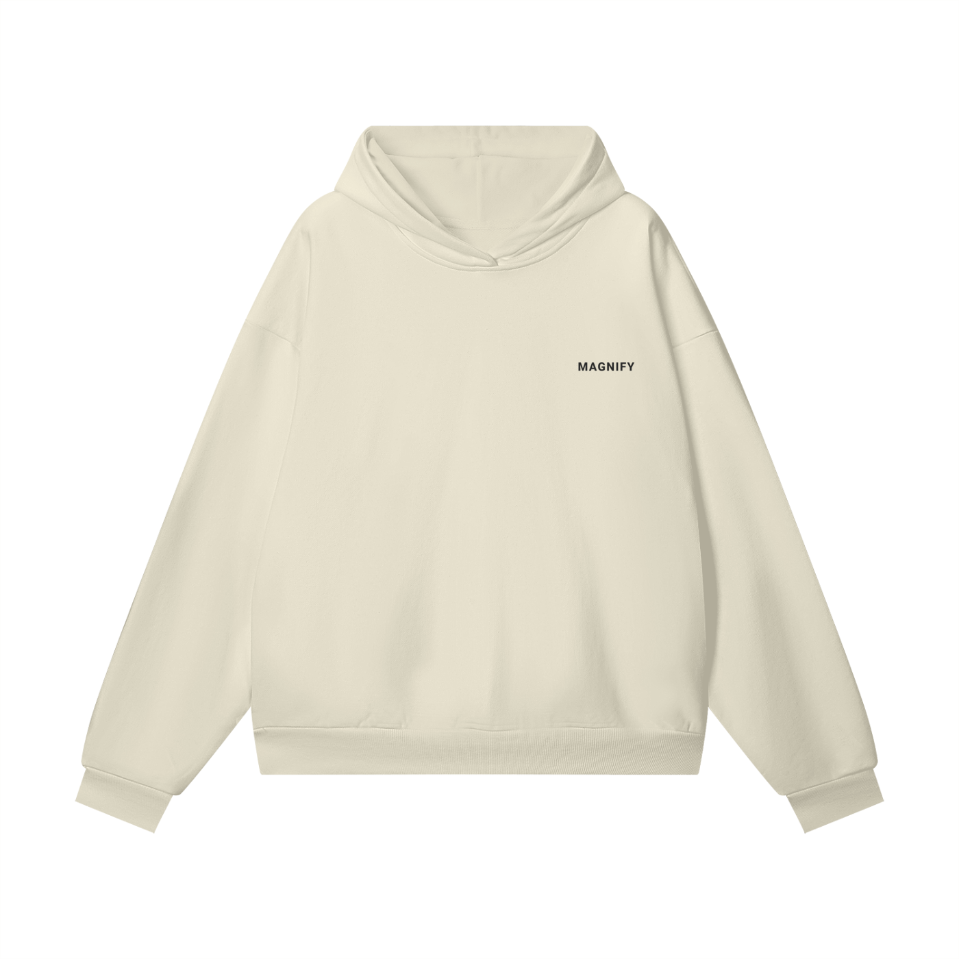 Beige hoodie with 'MAGNIFY' logo on the back against a white background