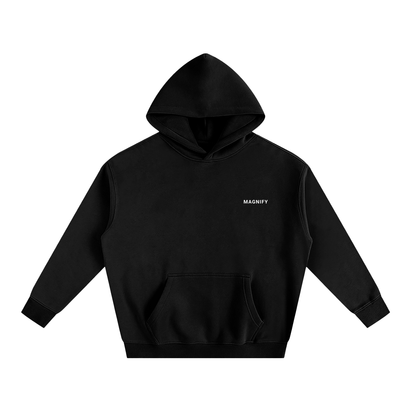Black hoodie with 'MAGNIFY' logo on a white background