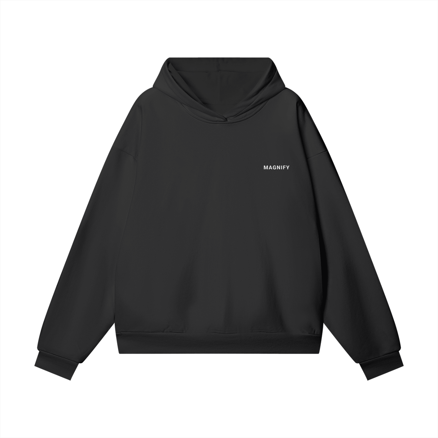 Black hoodie with 'MAGNIFY' logo on the back against a white background