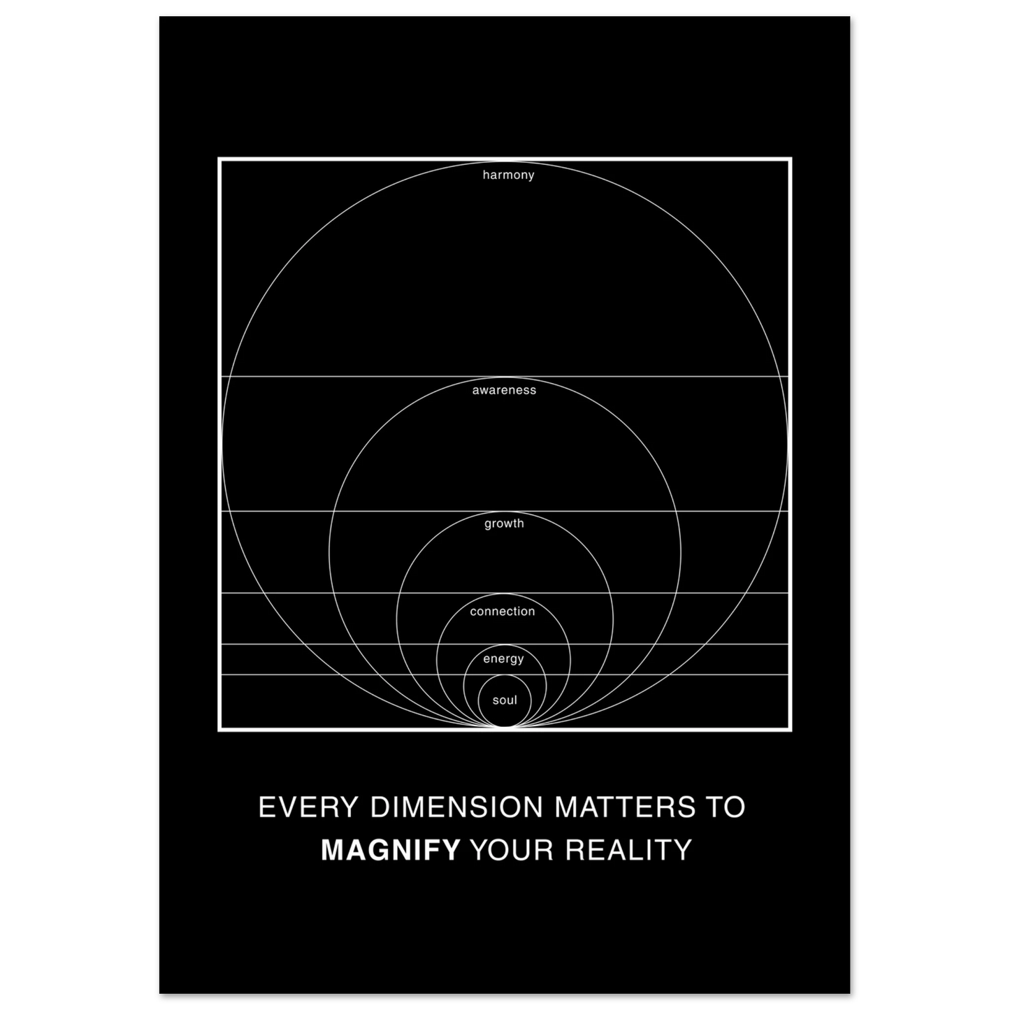 Black poster with white geometric design and text on a black background