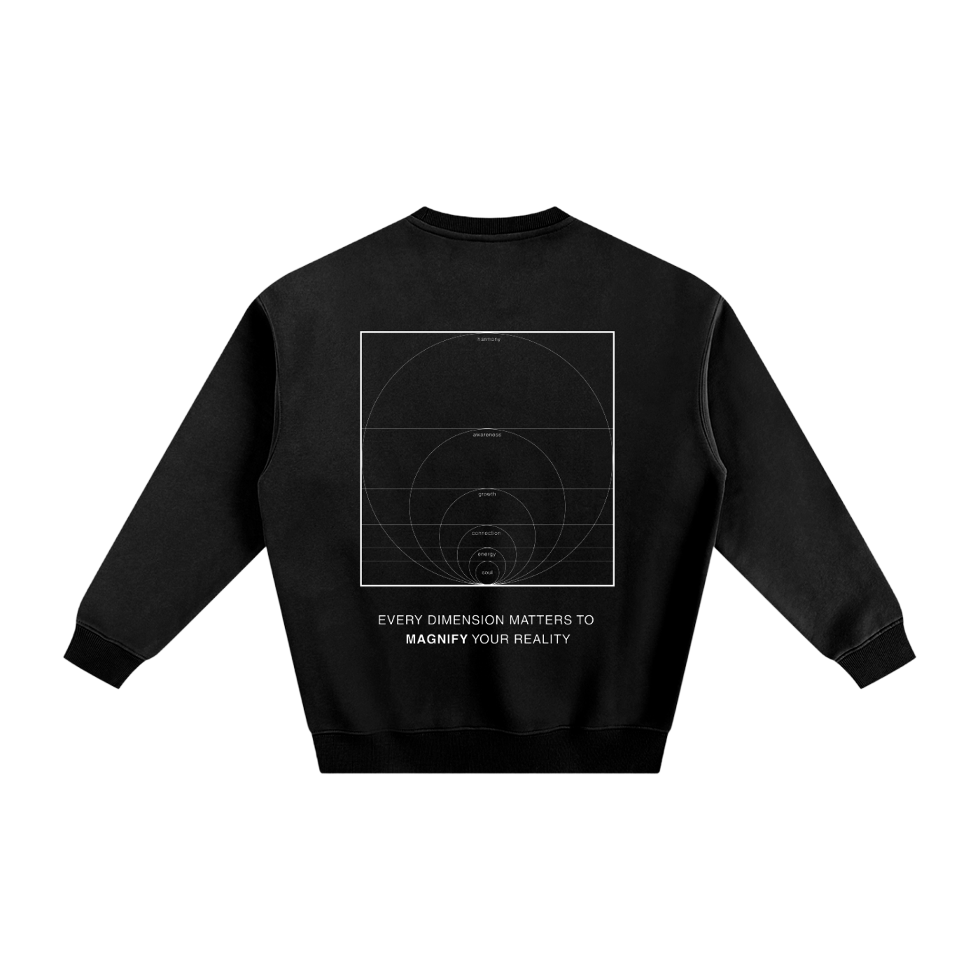 Black sweatshirt with white geometric design and text on a white background