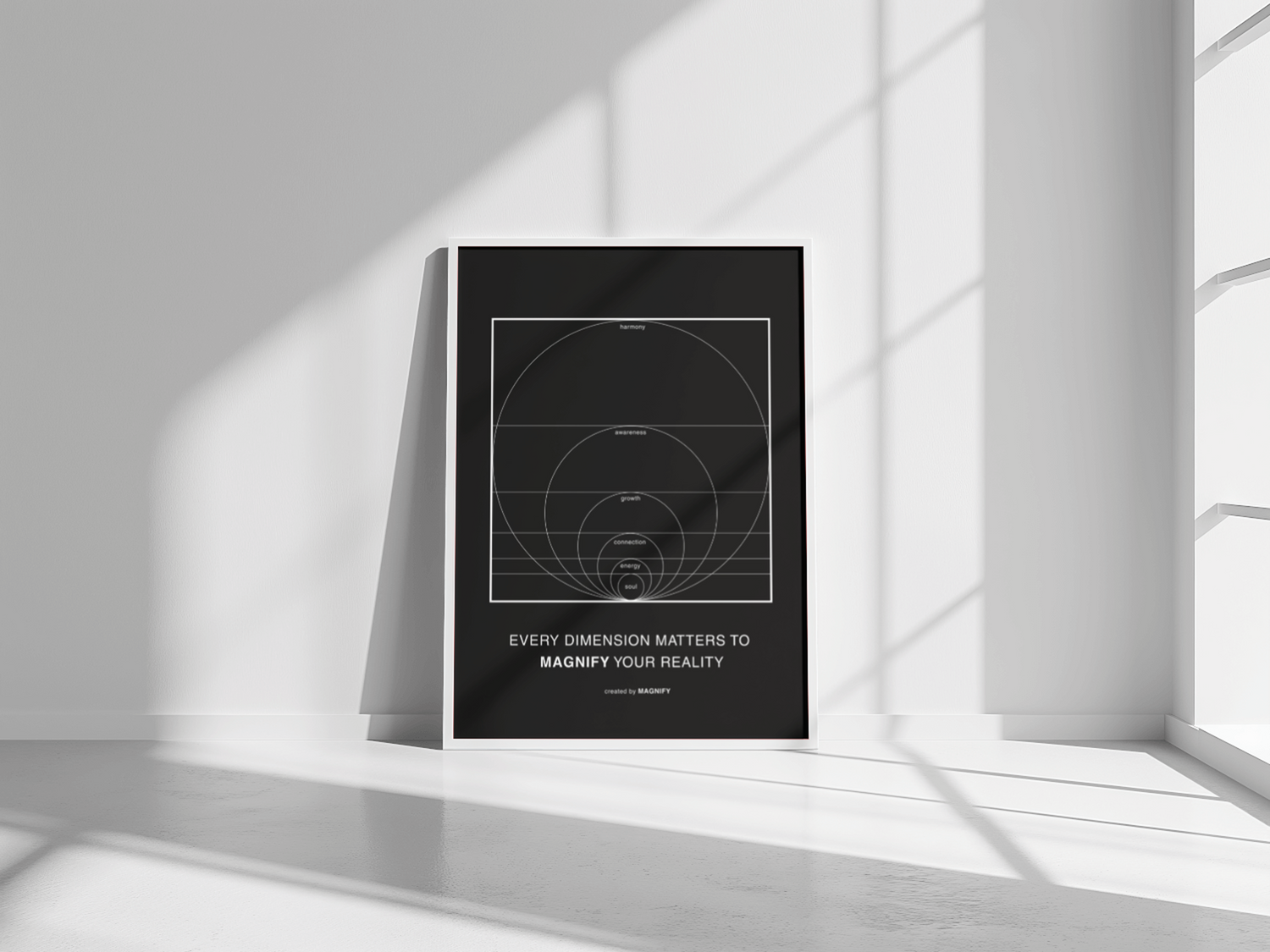 Framed poster with motivational quote in a minimalistic room with sunlight filtering through.