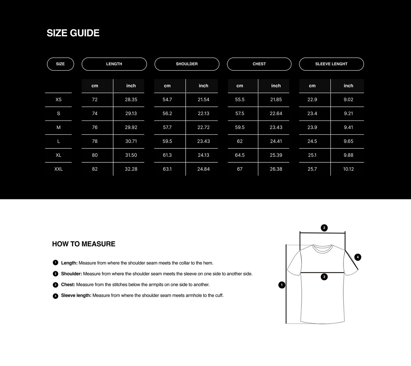 Size guide for clothing with measurements in centimeters and inches.