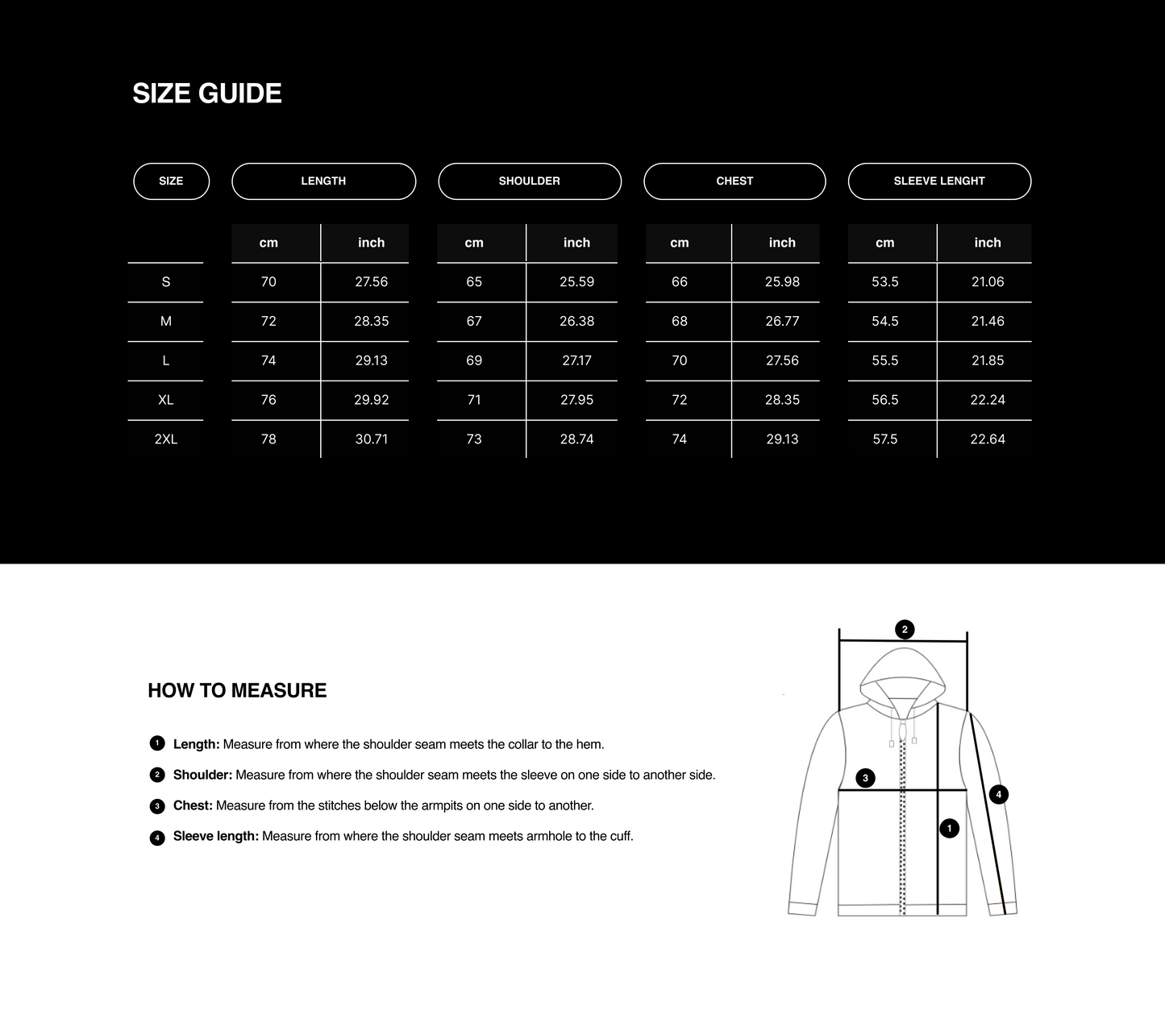 Size guide for a jacket with measurements in centimeters and inches, and an illustration of a jacket.