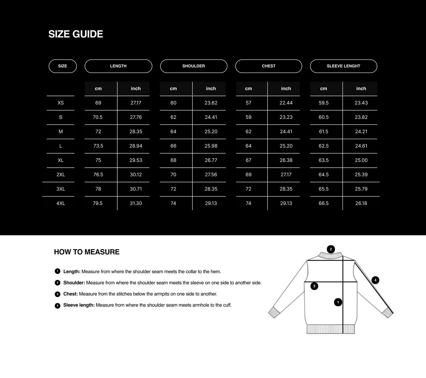 Size guide for a garment with measurements in centimeters and inches.