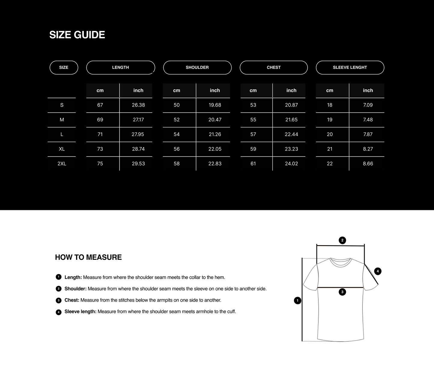 Size guide for clothing with measurements in centimeters and inches on a black background.