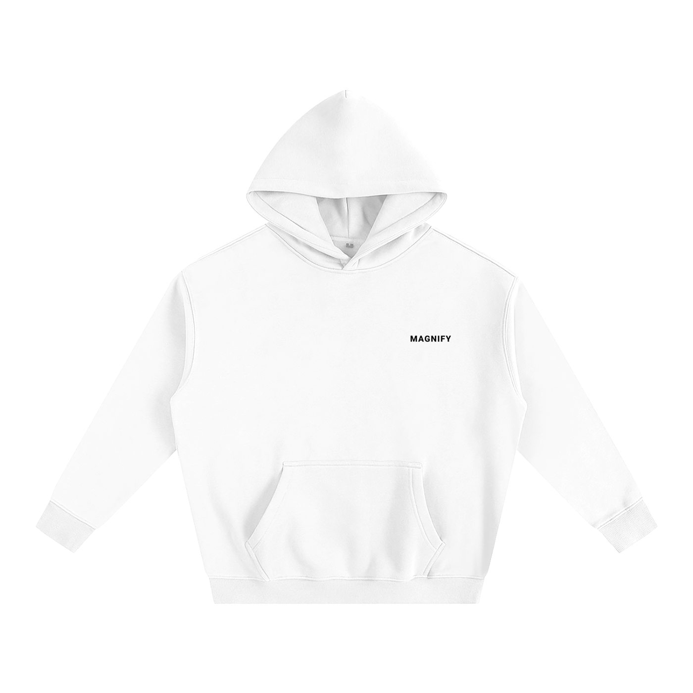 White hoodie with 'MAGNIFY' text on a white background