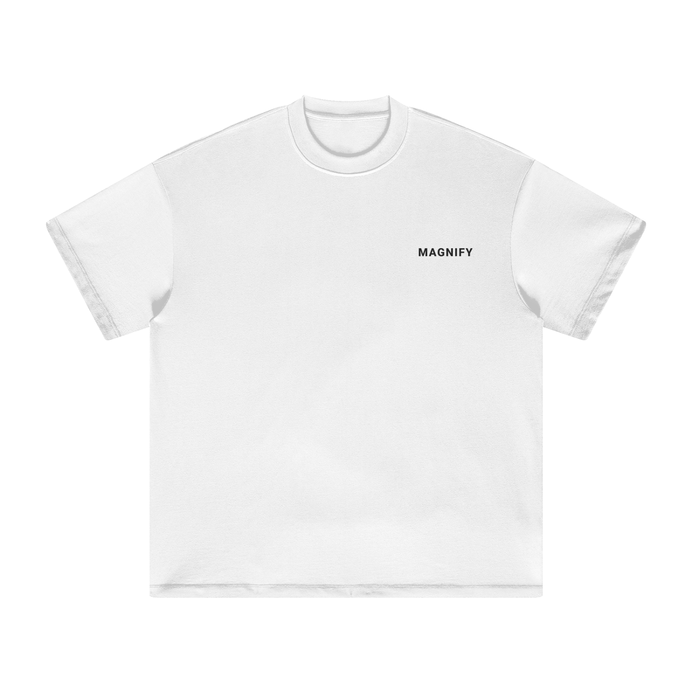 White t-shirt with 'MAGNIFY' logo on a white background