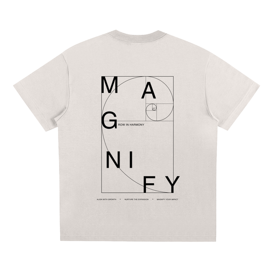 Beige t-shirt with black geometric design and text on a white background