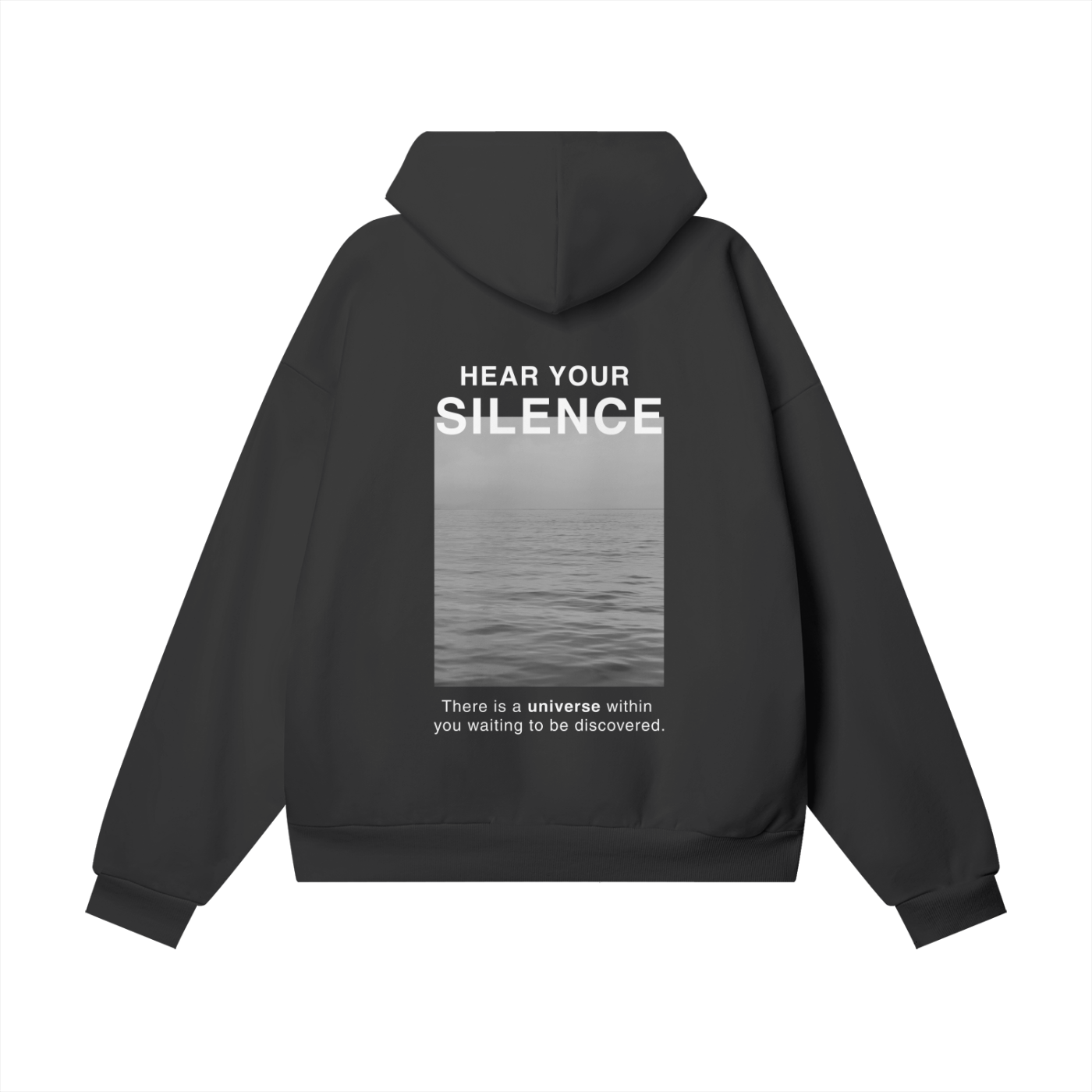 Black hoodie with 'Hear Your Silence' text and graphic on the back, on a white background