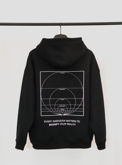 Black hoodie with geometric design and text on a white background
