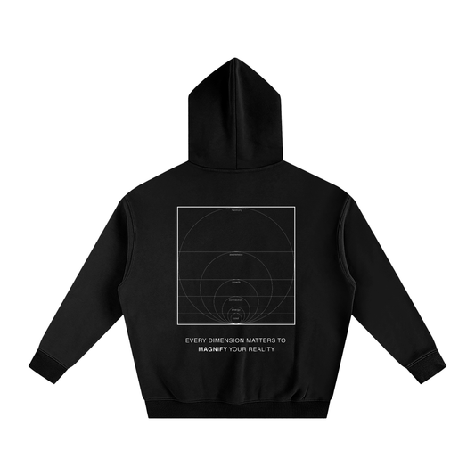 Black hoodie with text and design on the back against a white background