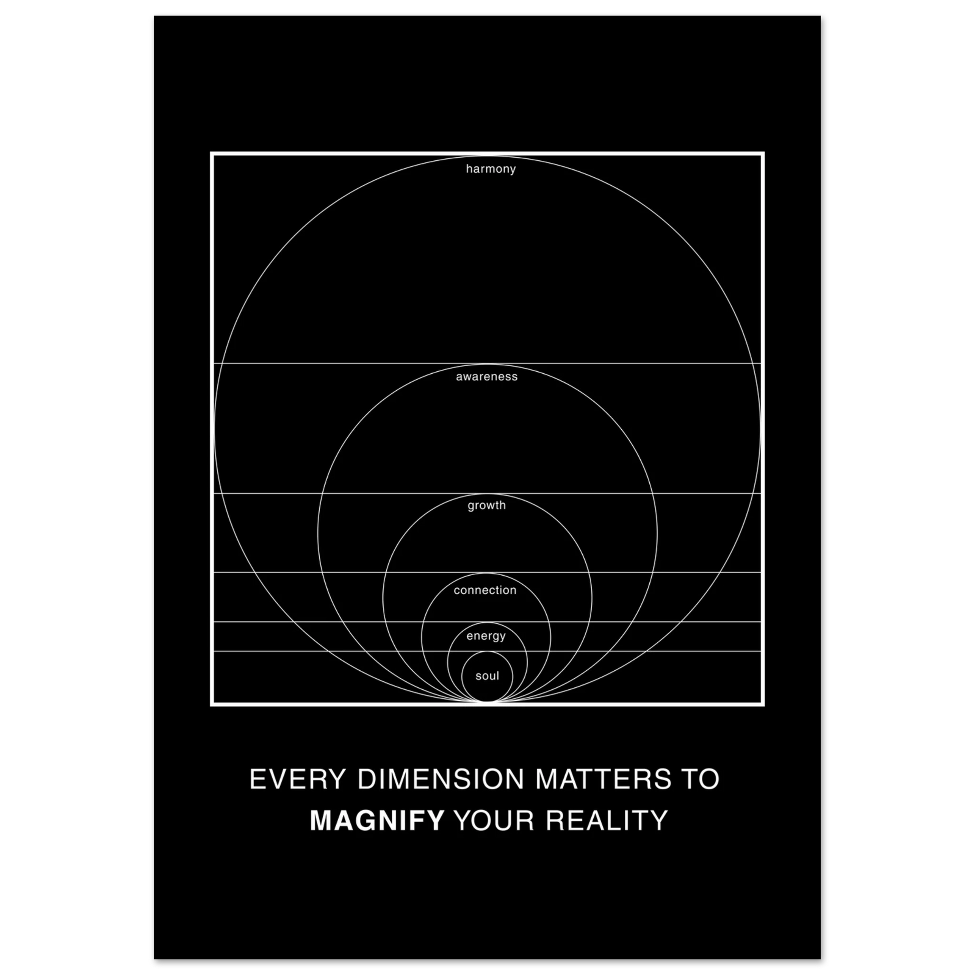 Black poster with white geometric design and text on a black background