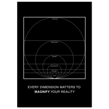 Black poster with white geometric design and text on a black background