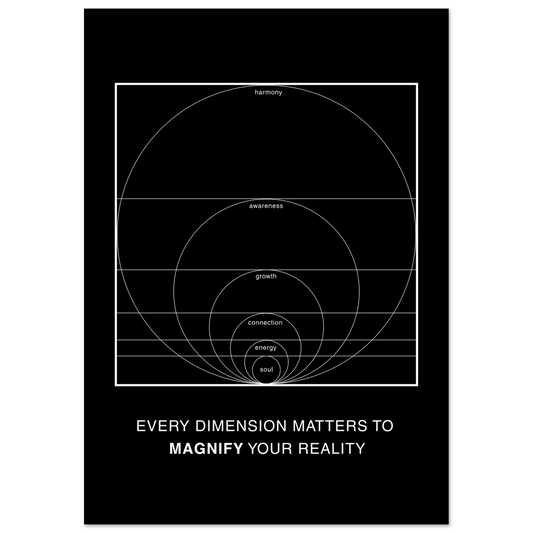 Black poster with white geometric design and text on a black background
