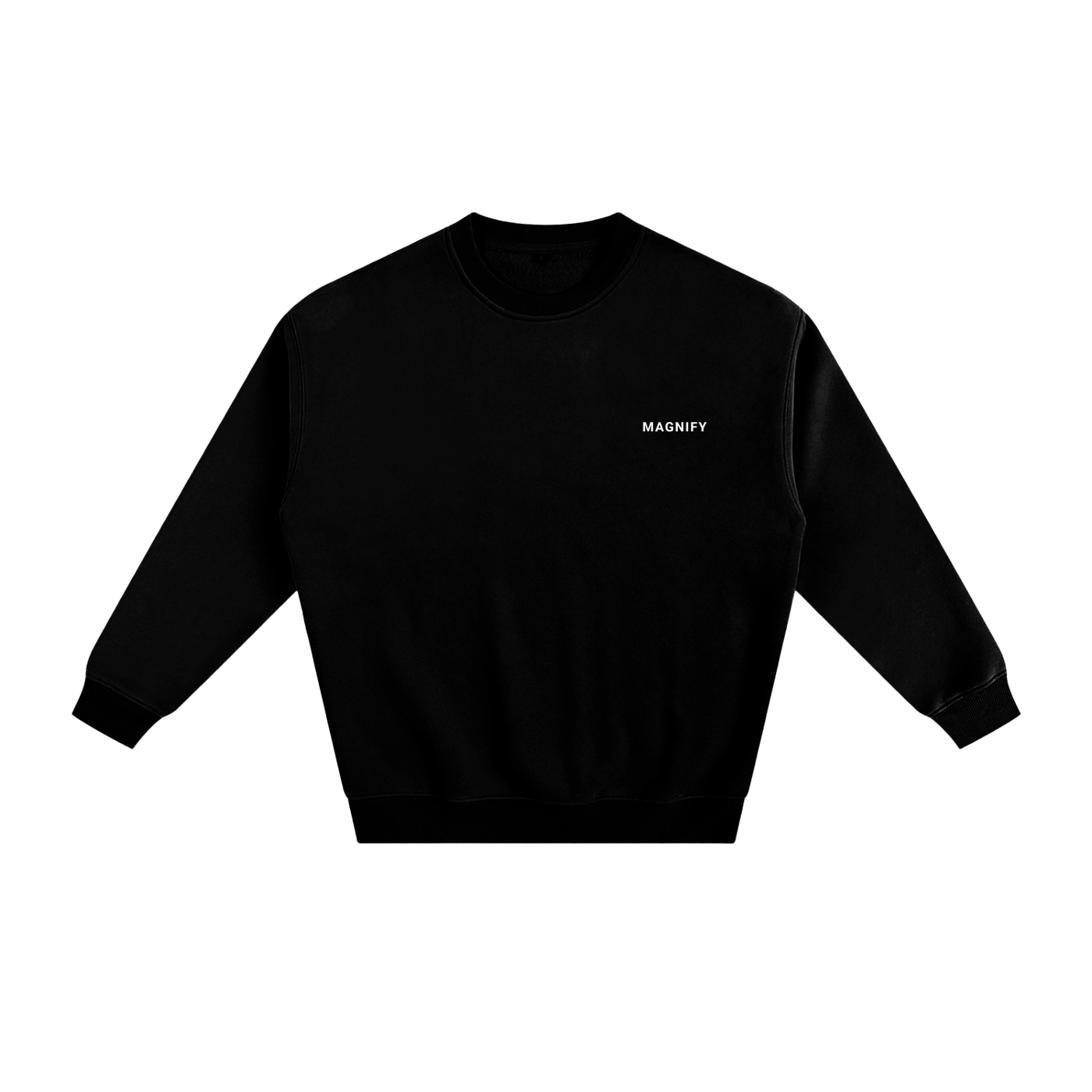 Black sweatshirt with 'MAGNIFY' text on a white background