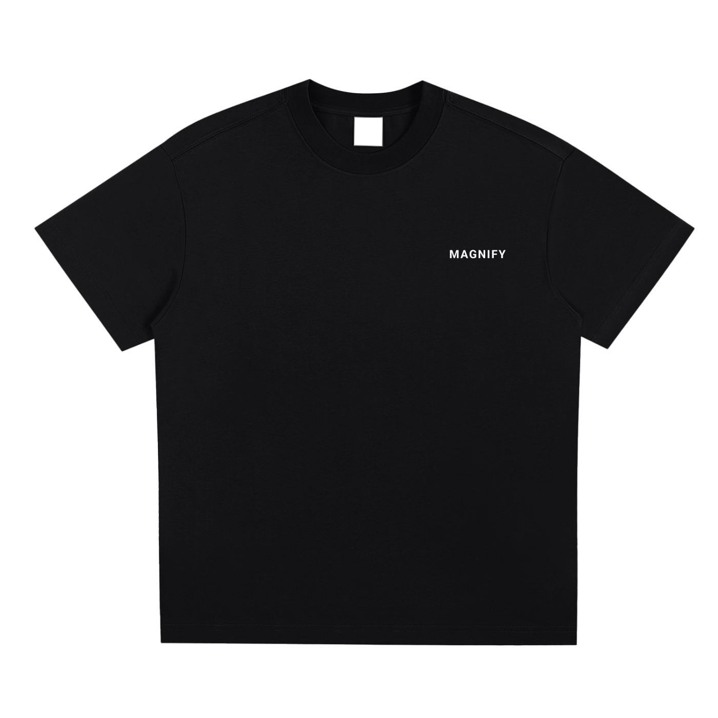 Black t-shirt with 'MAGNIFY' logo on a white background