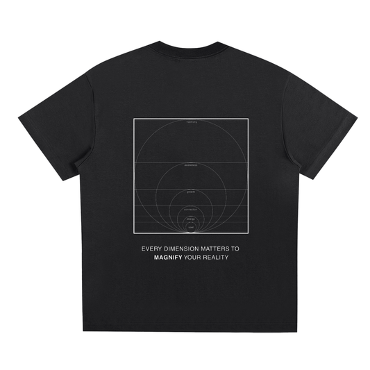Black t-shirt with geometric design and text on a white background