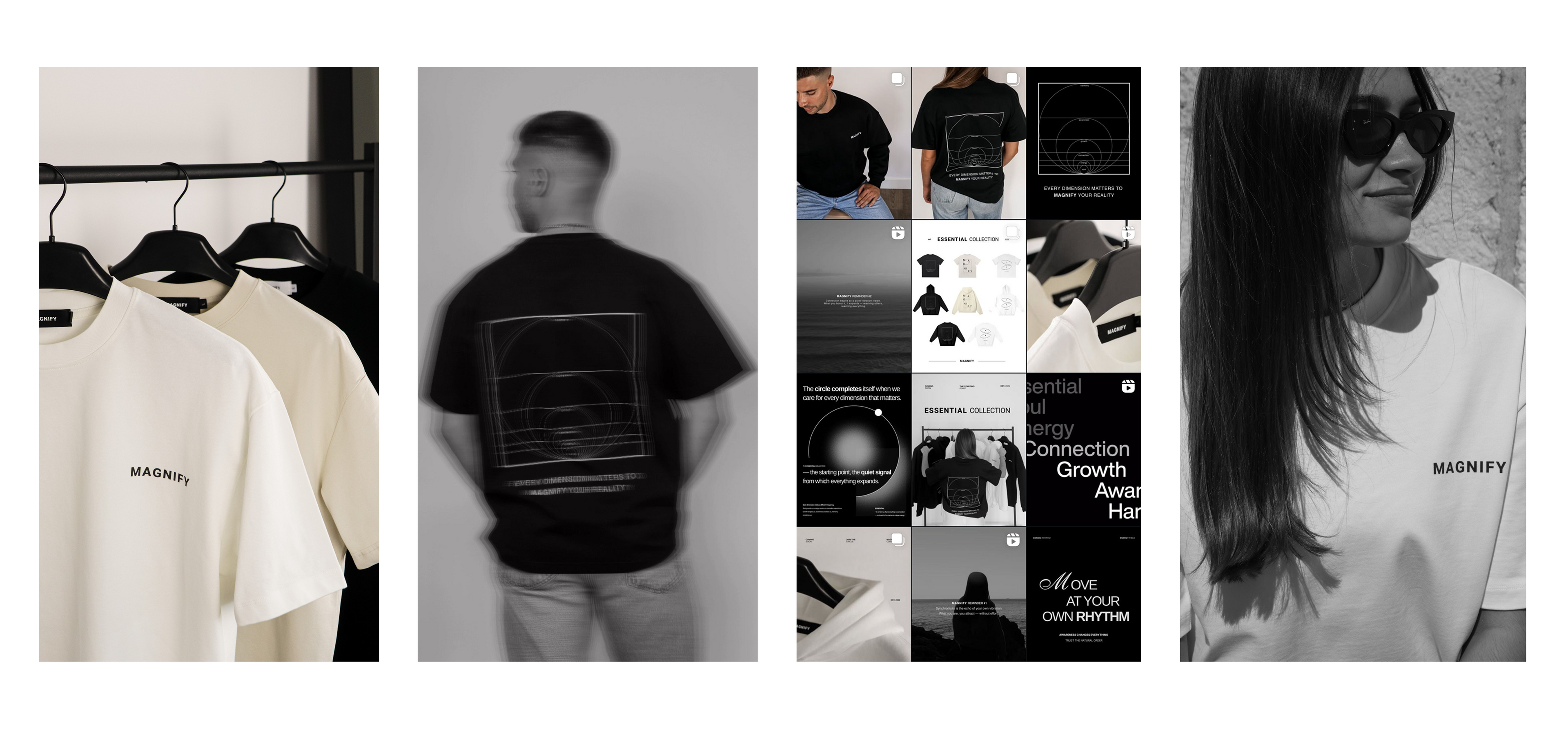 Collage of people wearing branded t-shirts with visible brand logos.