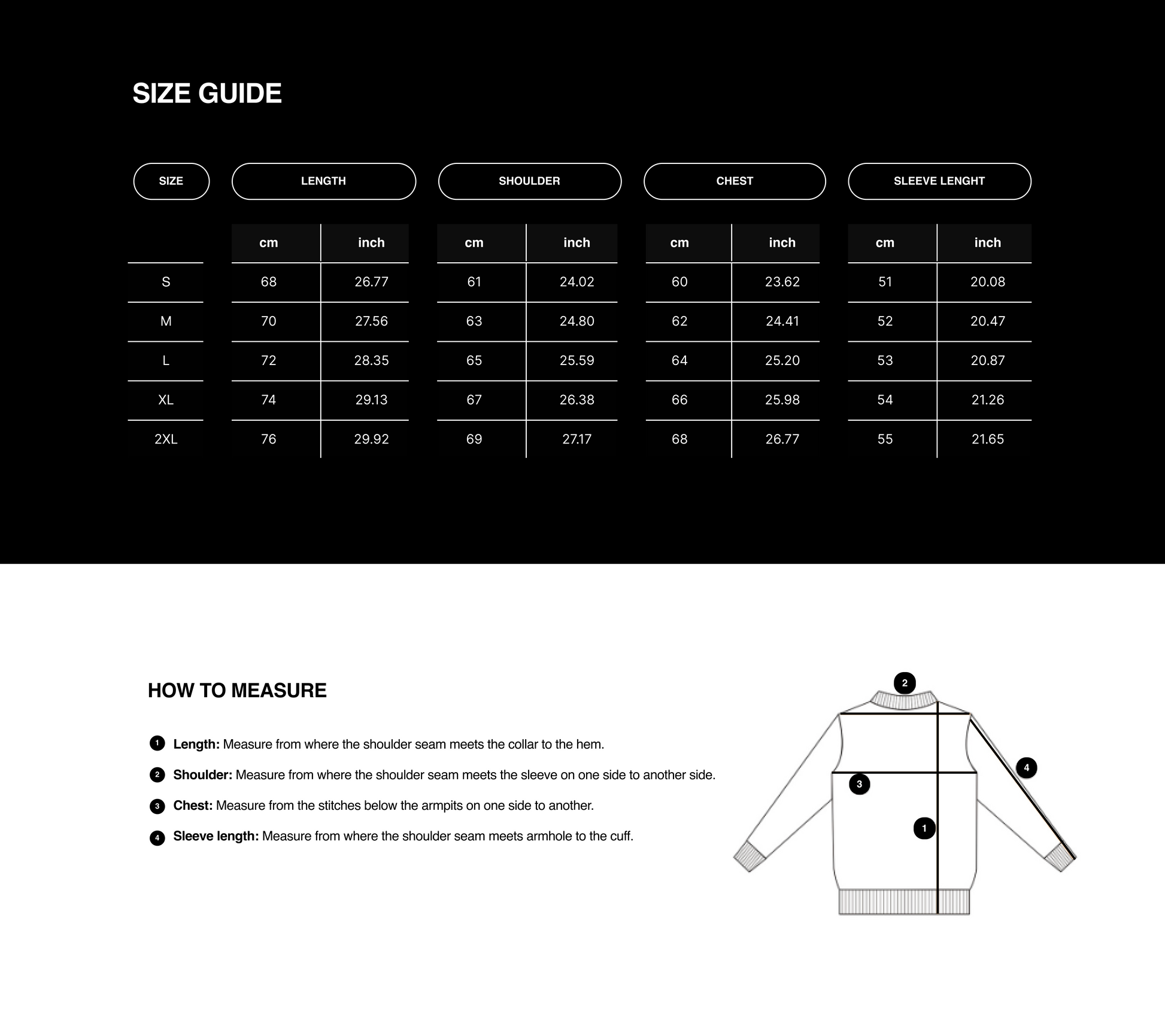 Size guide for a garment with measurements in centimeters and inches, and an illustration of how to measure.