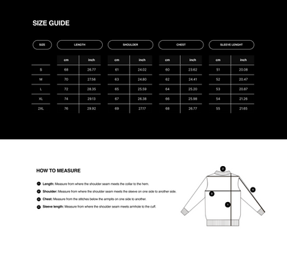 Size guide for a garment with measurements in centimeters and inches, and an illustration of how to measure.