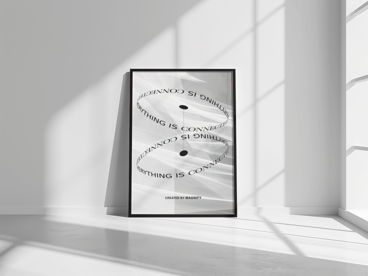 Framed poster with text on a white wall in a minimalistic room