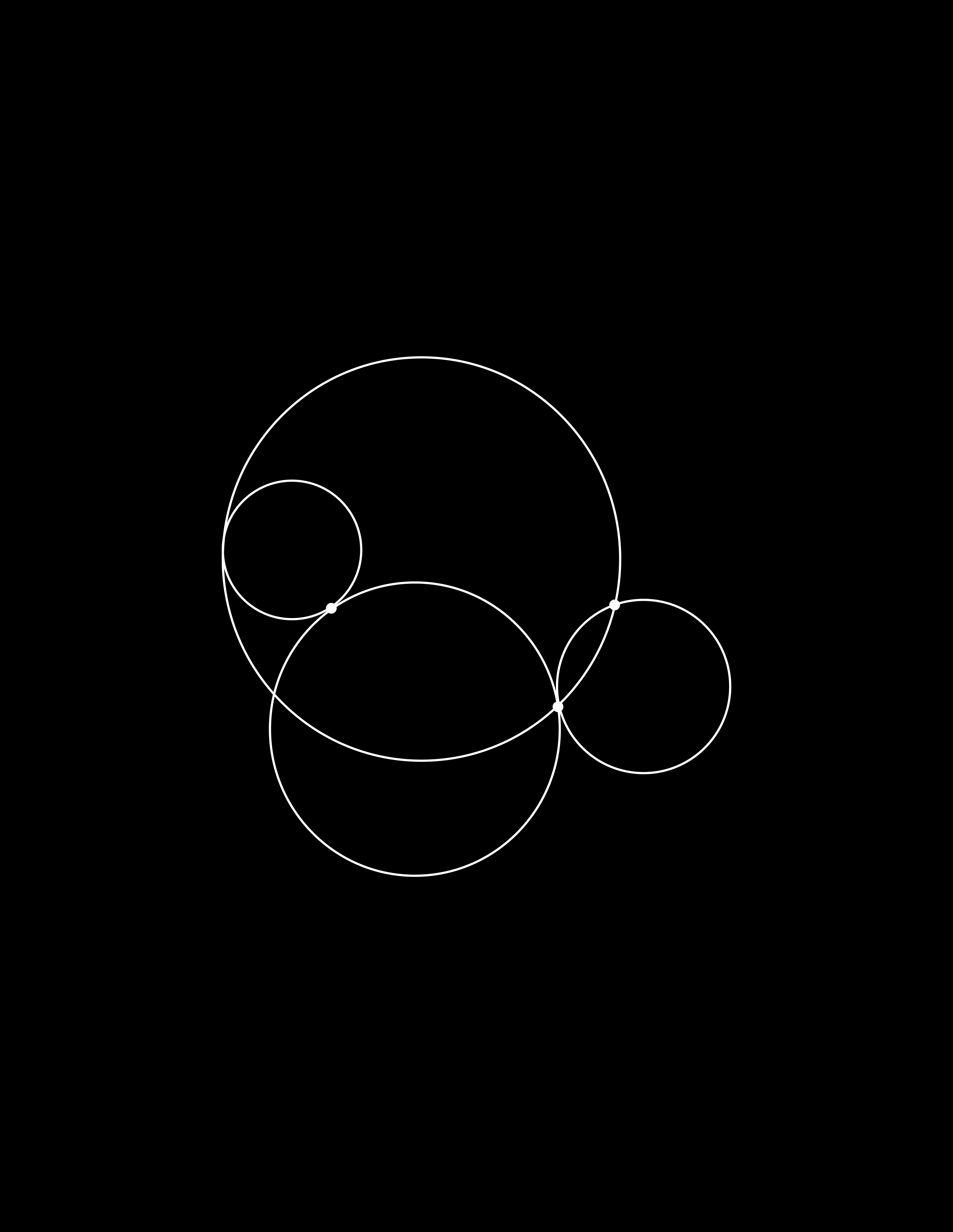 Geometric design of interconnected white circles on a black background