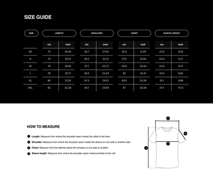Size guide for clothing with measurements in centimeters and inches.