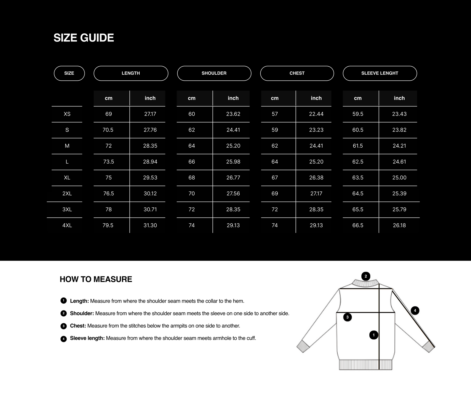 Size guide for a garment with measurements in centimeters and inches.