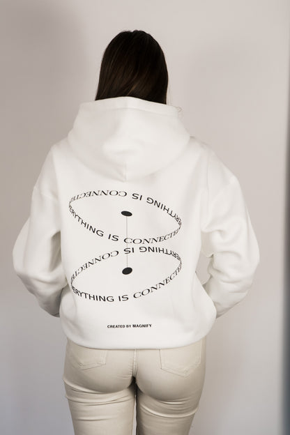 Person wearing a white hoodie with text design on the back against a plain background