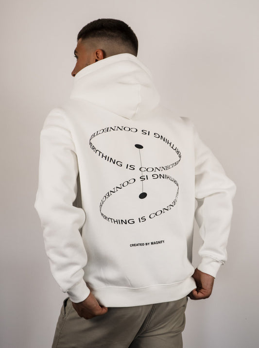 Person wearing a white hoodie with text design on the back against a plain background