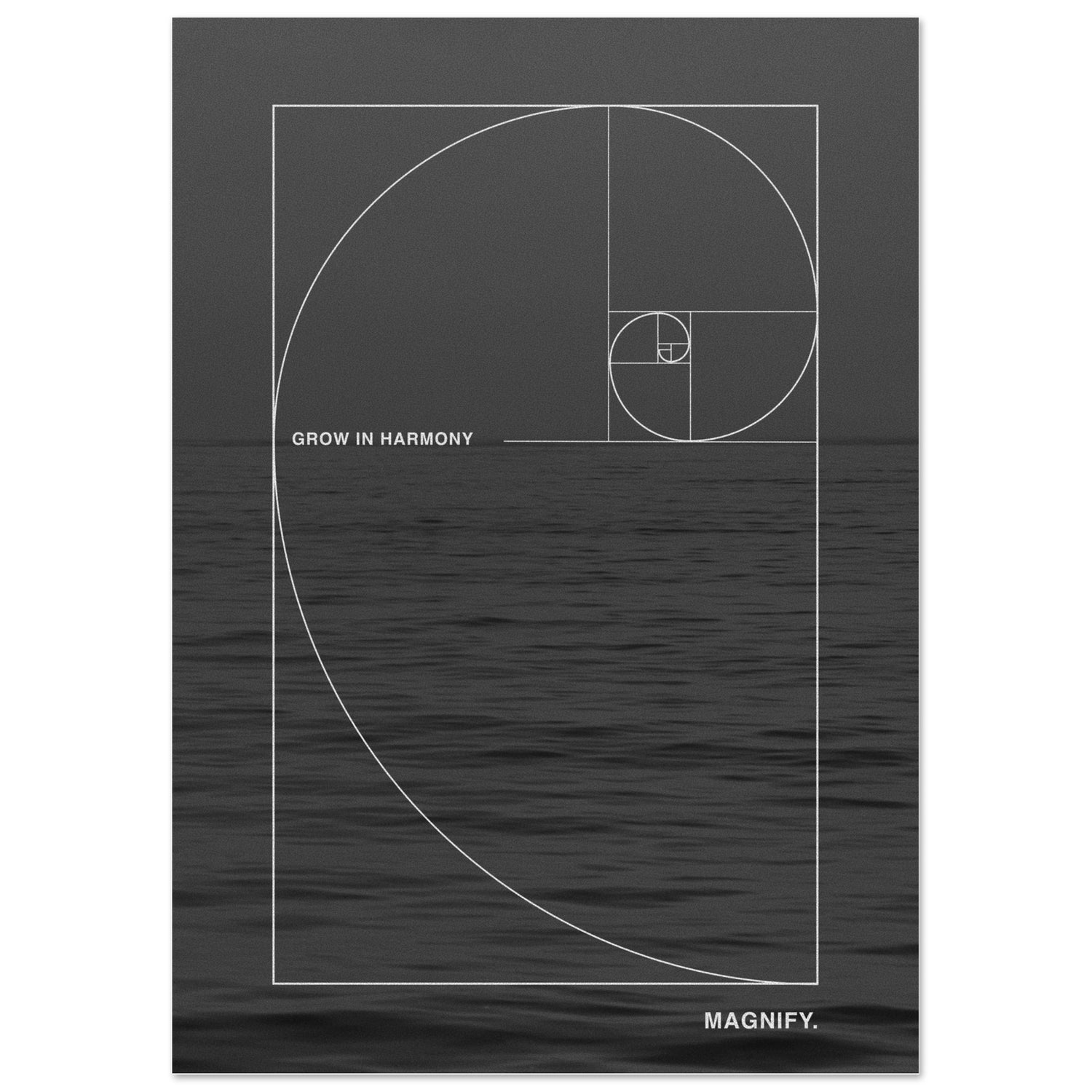 Poster with Fibonacci spiral design over water and 'Grow in Harmony' text on a black background.