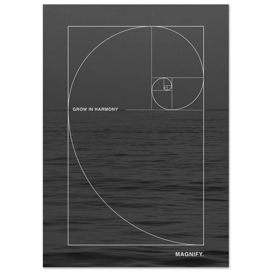Poster with Fibonacci spiral design over water and 'Grow in Harmony' text on a black background.