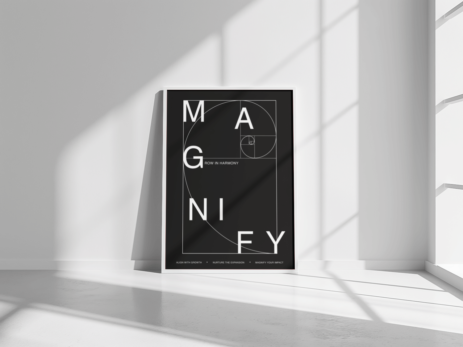 Poster with 'MAGNIFY' text on a black background in a minimalistic room.