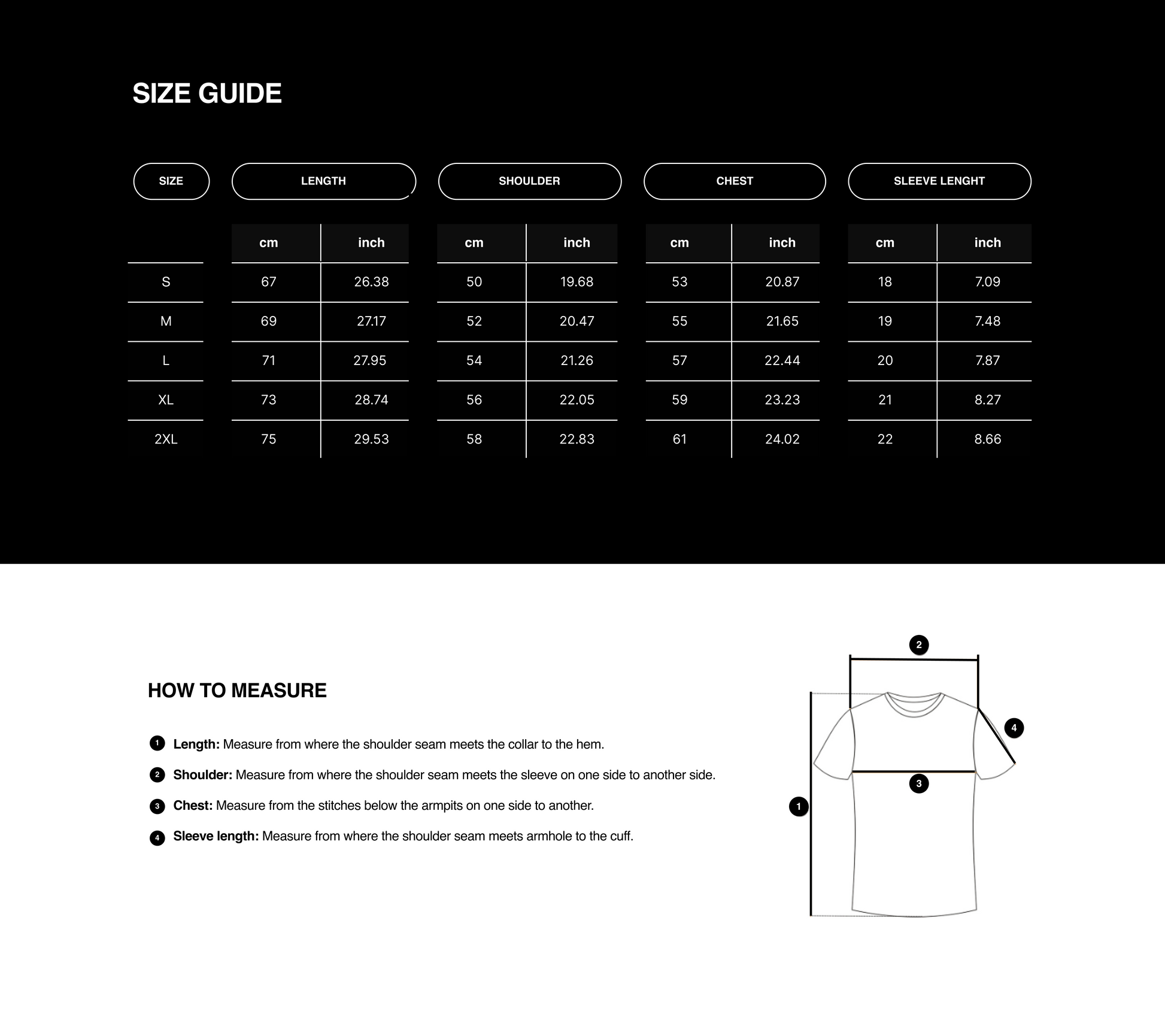 Size guide for clothing with measurements in centimeters and inches on a black background.