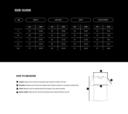 Size guide for clothing with measurements in centimeters and inches on a black background.