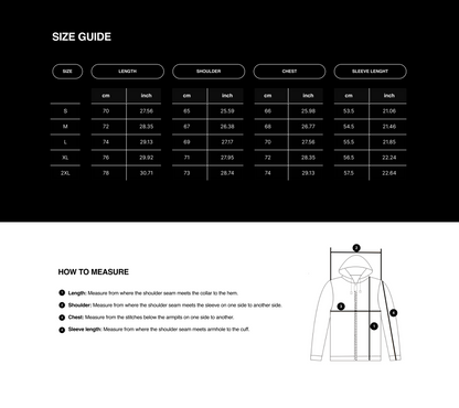 Size guide for a jacket with measurements in centimeters and inches, and an illustration of a jacket.