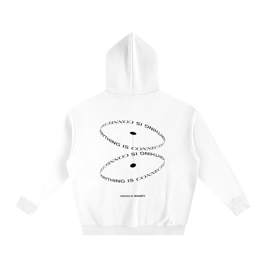 White hoodie with black text design on a white background
