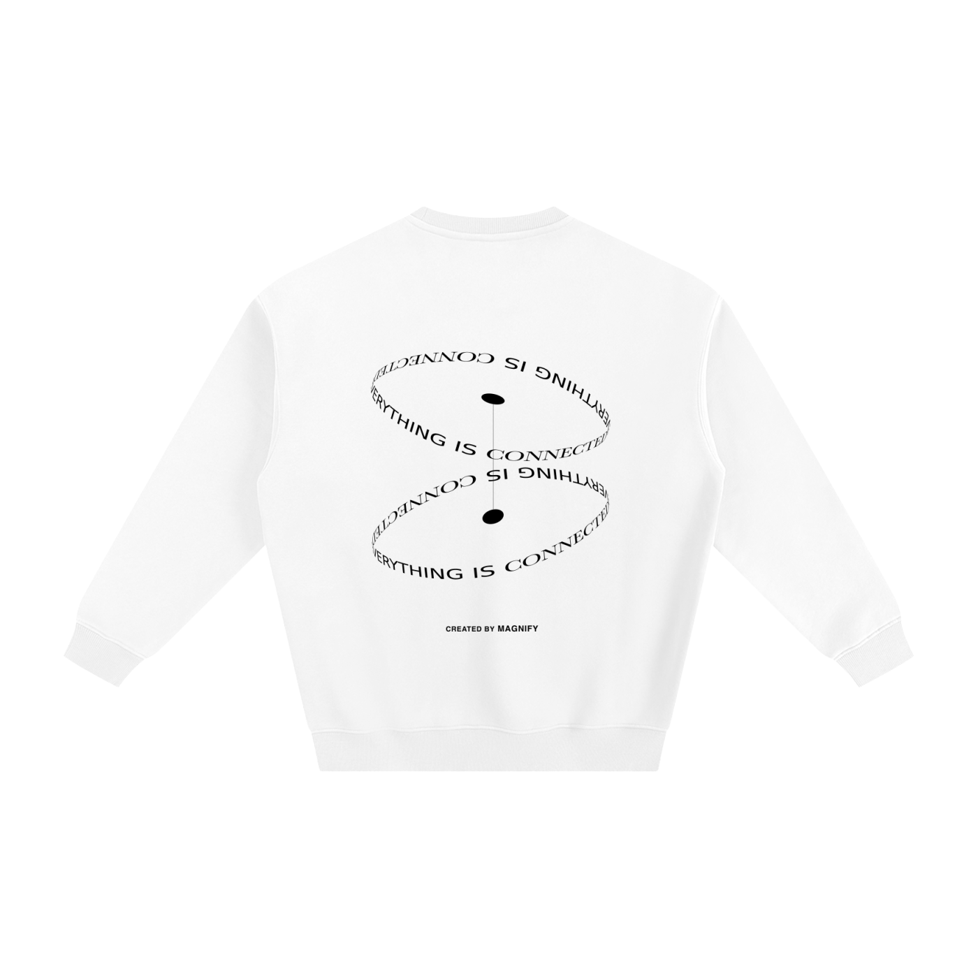 White sweatshirt with black circular text design on a white background